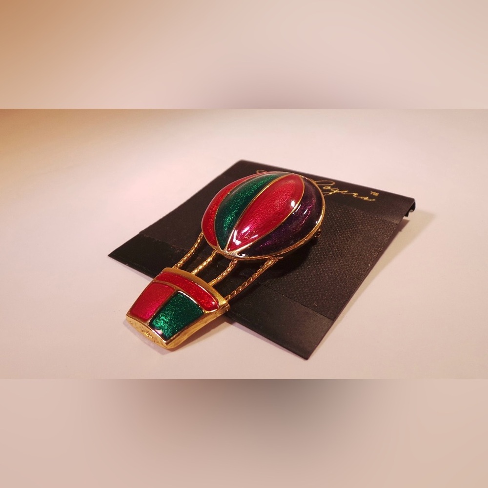 Kim Rogers Vintage Hot Air Balloon Gold Tone Brooch With Red, Purple, & Green. - Picture 7 of 11